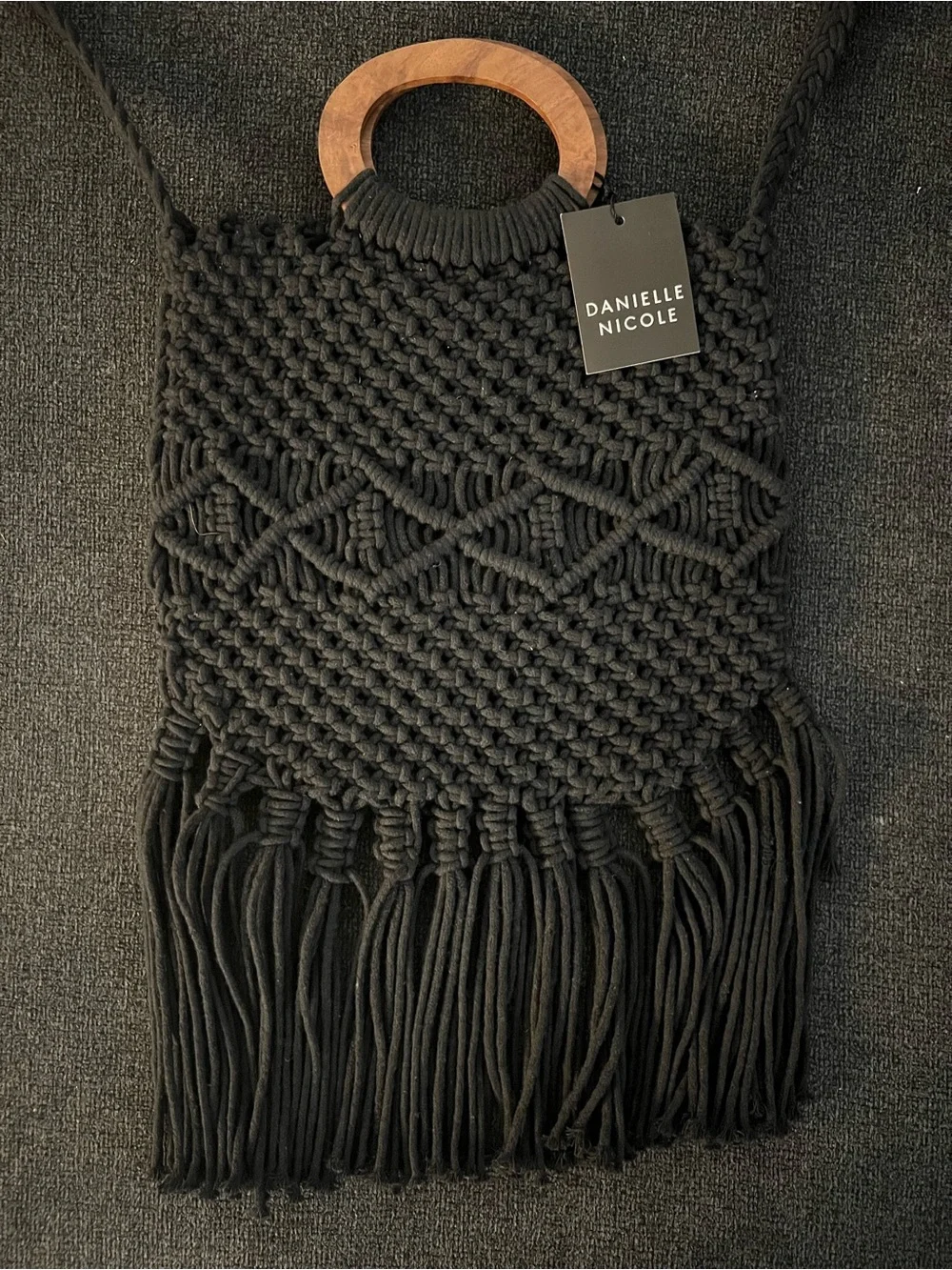 NWT Danielle Nicole Black Macramé Fringe Crochet Crossbody Bag with Wood Handle